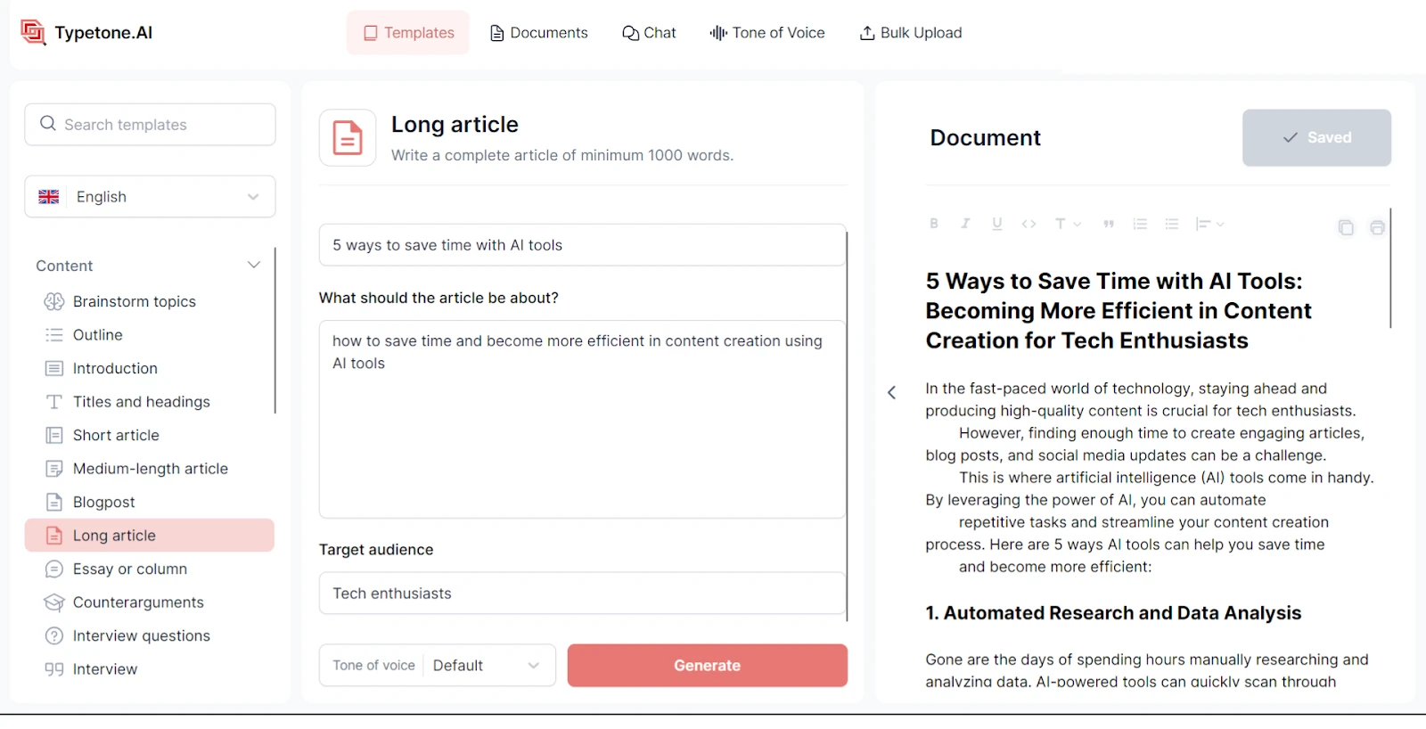 Using Typetone AI long article template for AI blog writing