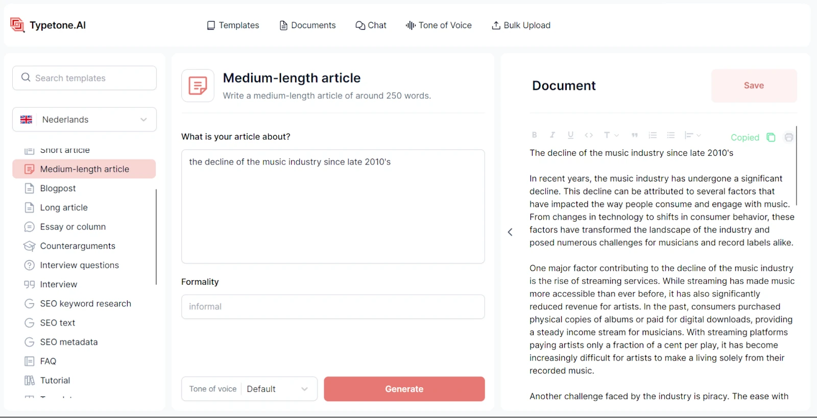 Using Typetone AI medium length article template for AI blog writing