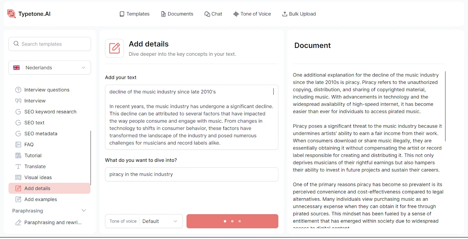 Using Typetone AI add details template for AI blog writing