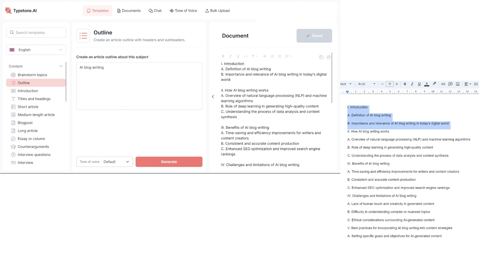 Using Typetone AI outline template for AI blog writing