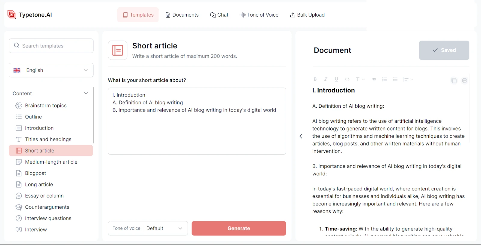 Using short article template for AI blog writing