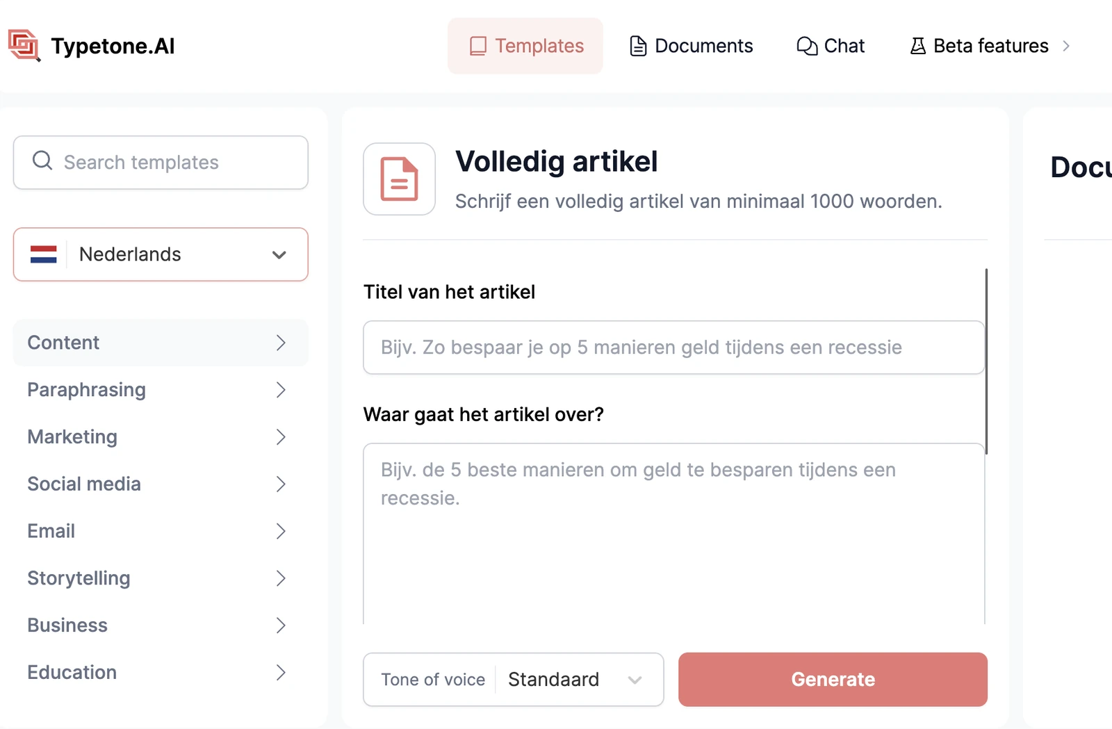 Beste Nederlandse AI-schrijfassistent - Typetone AI met Nederlandse AI-contentsjablonen