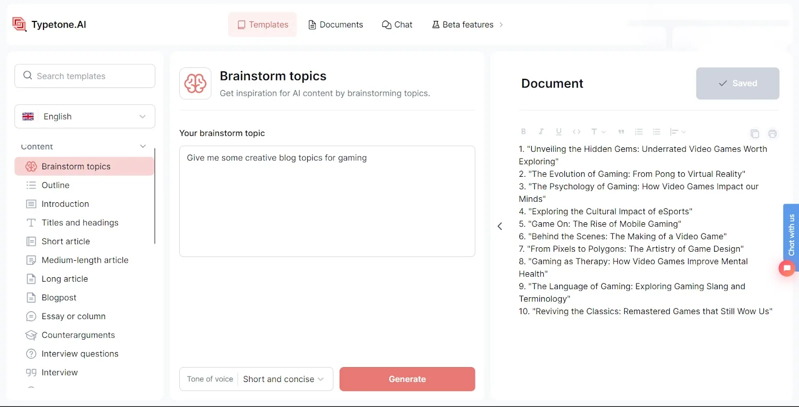 Brainstorm blog topics with Typetone AI