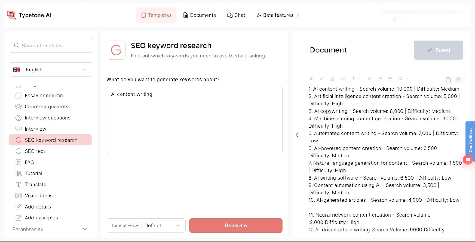 Find SEO keywords with Typetone AI to discover blog topics