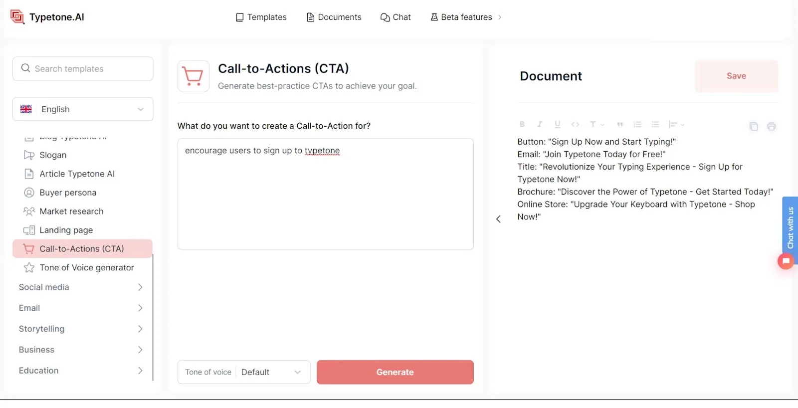 Call-to-Action template to create CTAs with AI