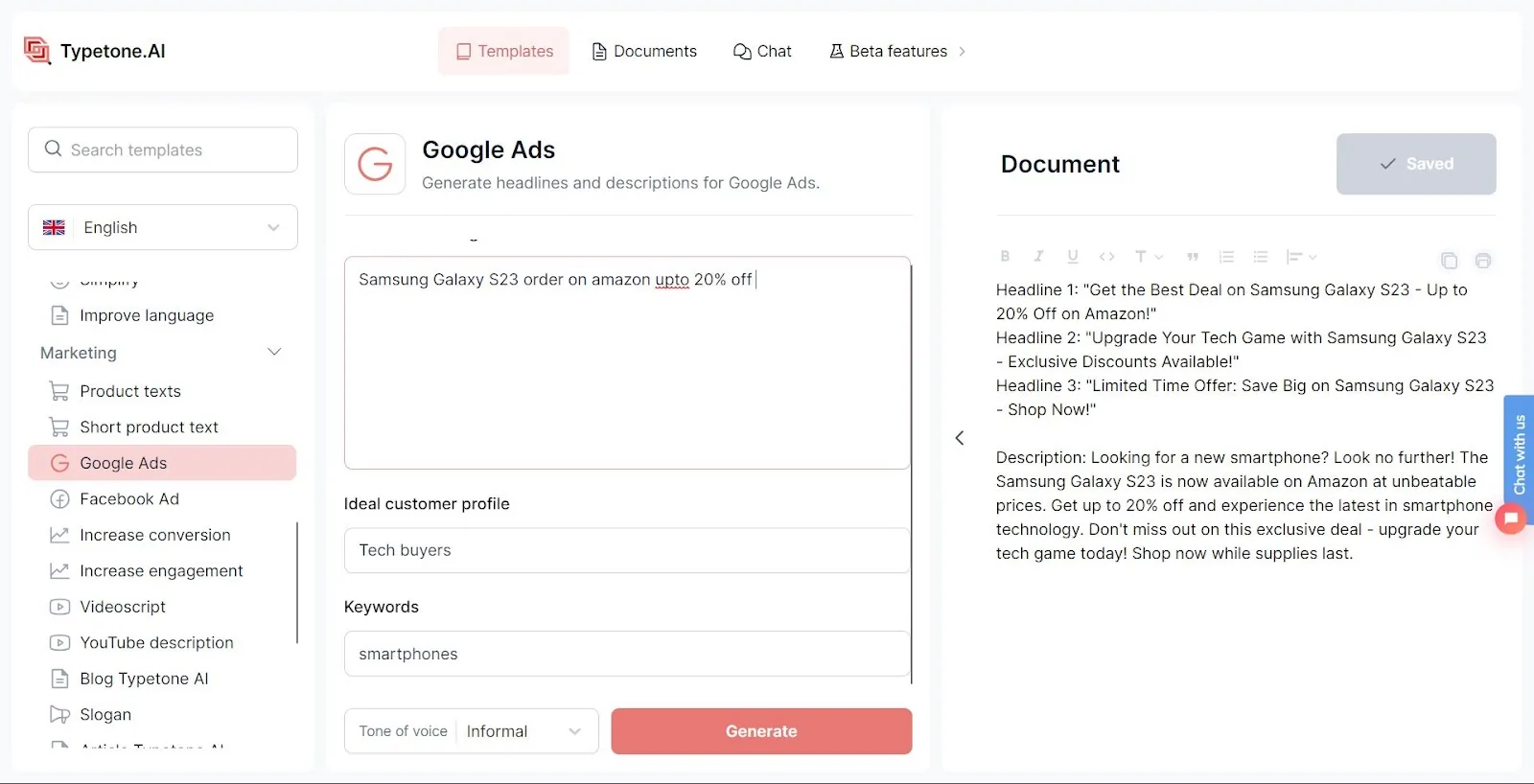 Call-to-action examples in Google Ads with Typetone AI