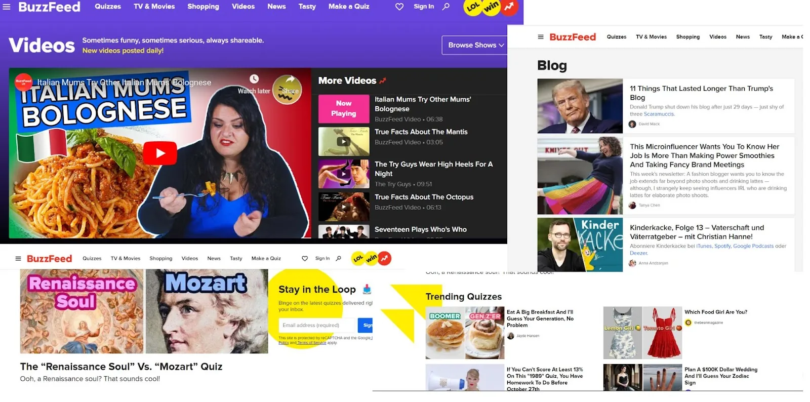 content marketing voorbeeld: Buzzfeed's website met hun verschillende soorten content zoals quizzen en blogs.