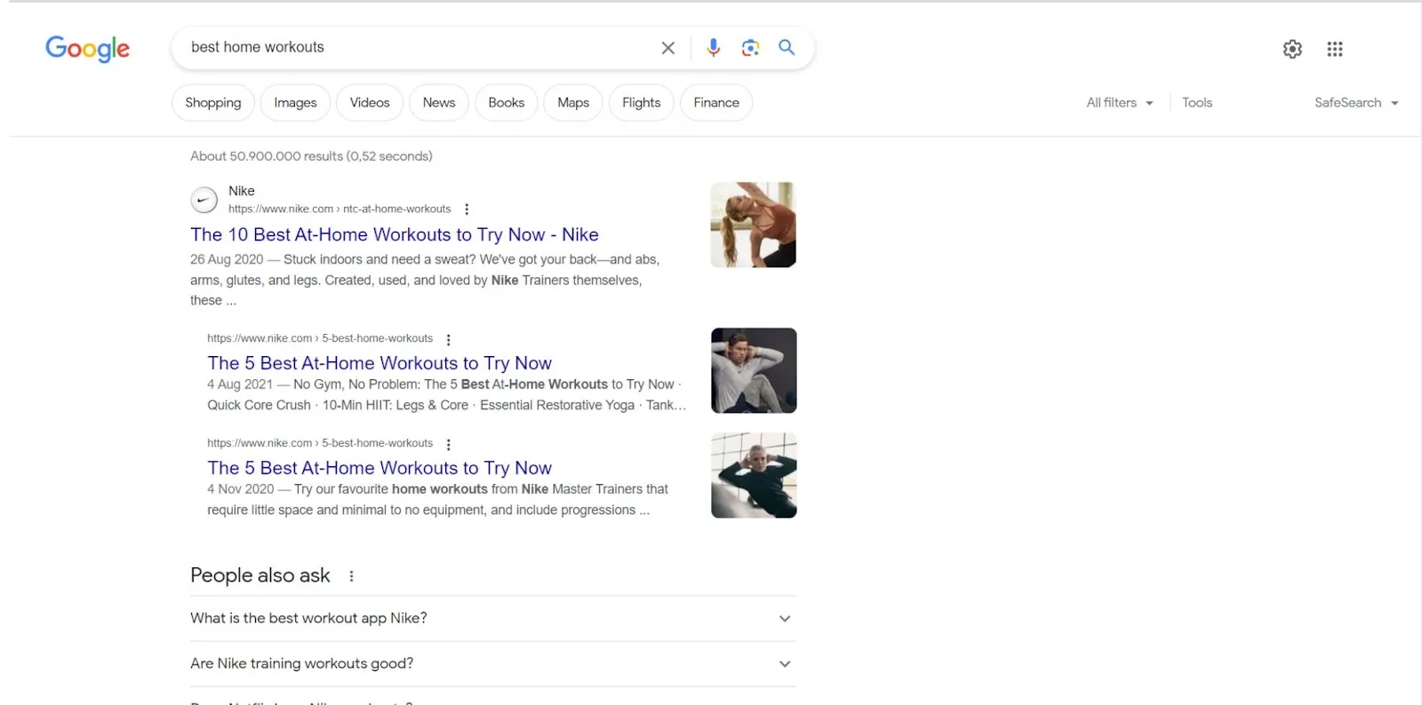 Google-zoekbalk met het zoekwoord "beste thuistrainingen" die Nike's content laat zien.