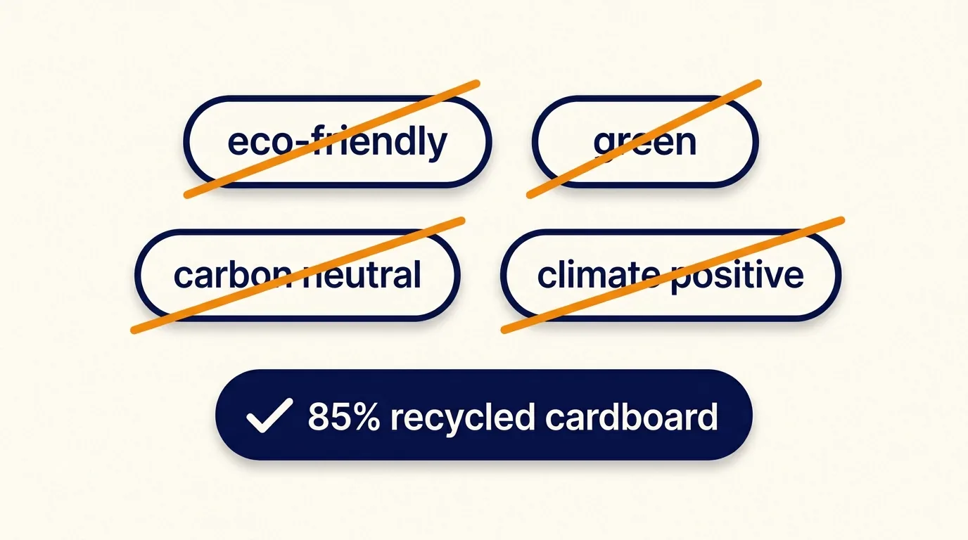 Generic green claims banned by the EmpCo Directive crossed out in orange, eco-friendly, green, carbon neutral and climate positive, while the specific claim 85 percent recycled cardboard passes with a checkmark
