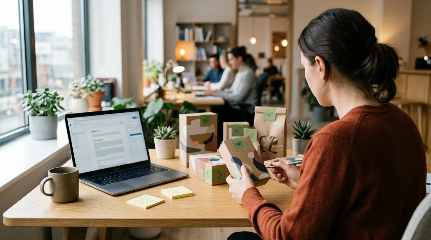 Marketing manager at a bright office desk reviewing product packaging with green eco labels while checking the claims against a document on her laptop