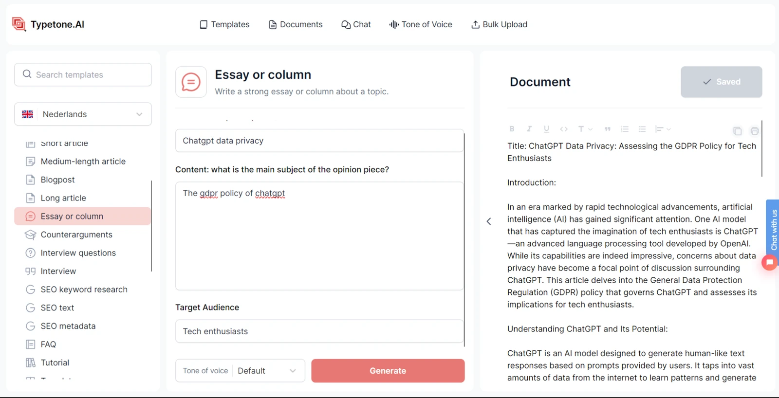 Typetone AI essay writer template