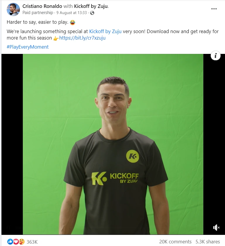 Eksempel på Cristiano Ronaldo Facebook-annonce