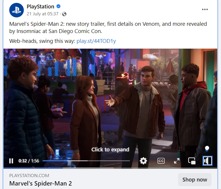 Eksempel på Sony PlayStation Facebook-annonce
