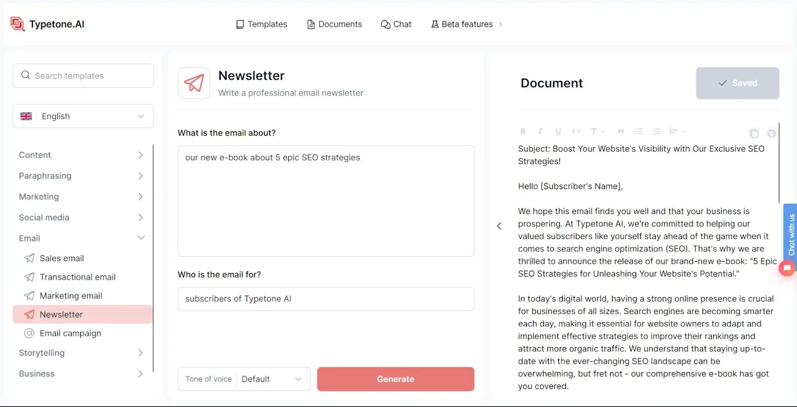Typetone AI-skabelon til e-mail-nyhedsbrev