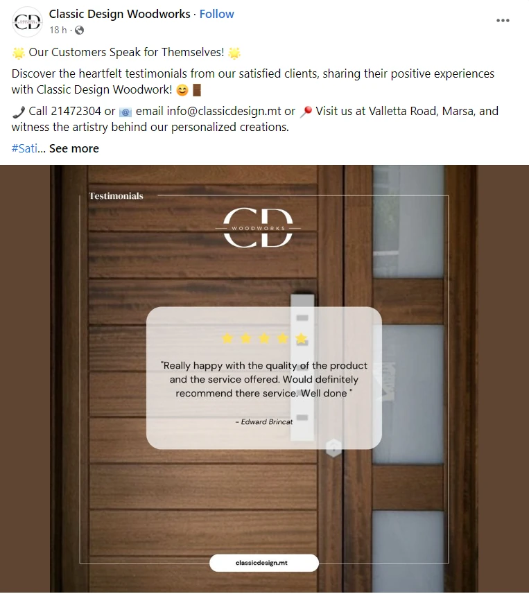 Eksempel på Classic Design Woodworks Facebook-annonce