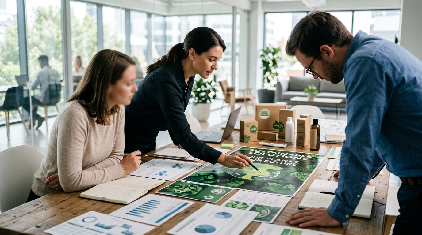 Marketing and legal team reviewing sustainability campaign materials spread across a meeting table