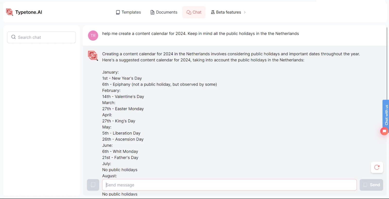 Typetone-chat om een contentkalender te maken met ChatGPT