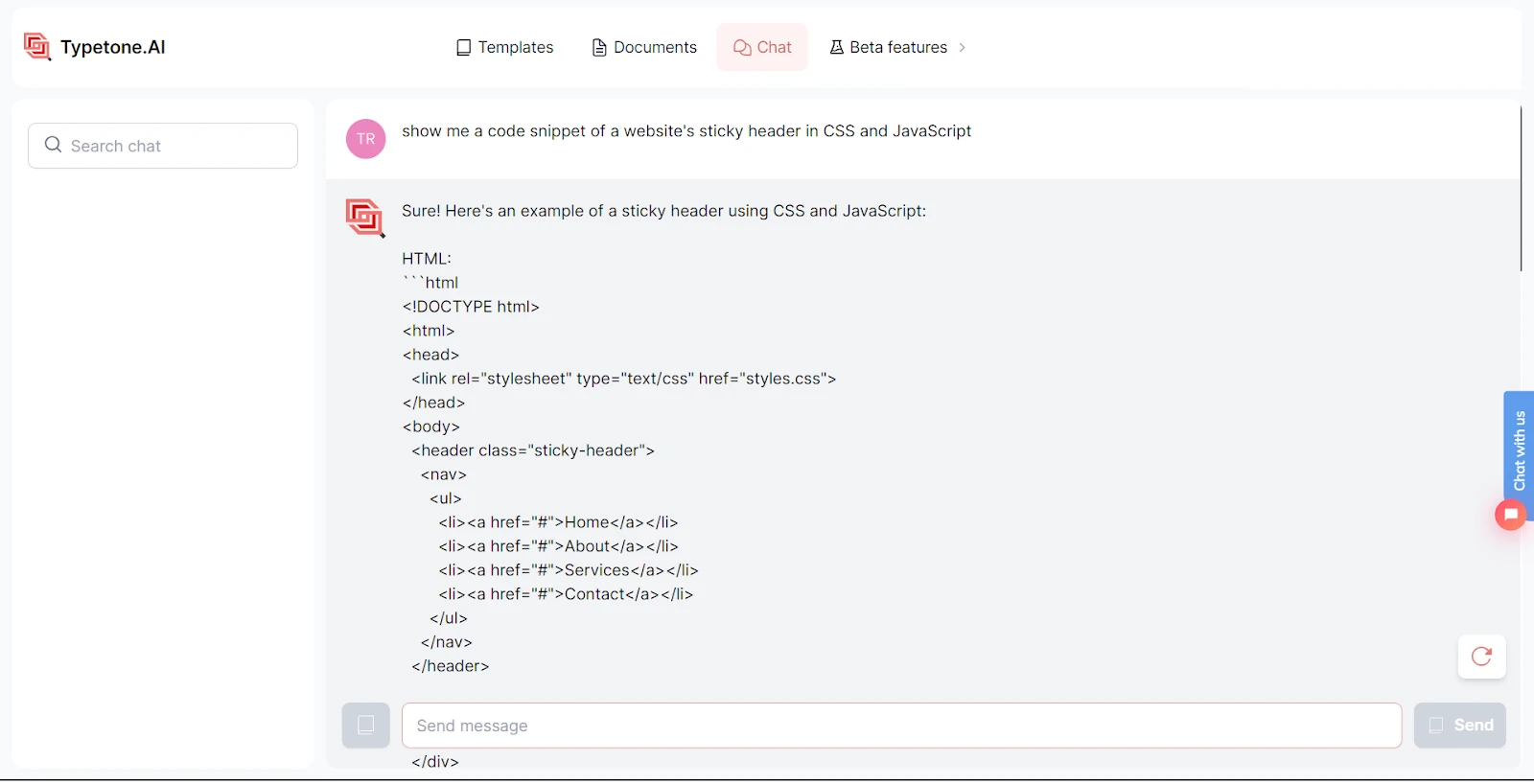 Typetone-chat om code te maken met ChatGPT