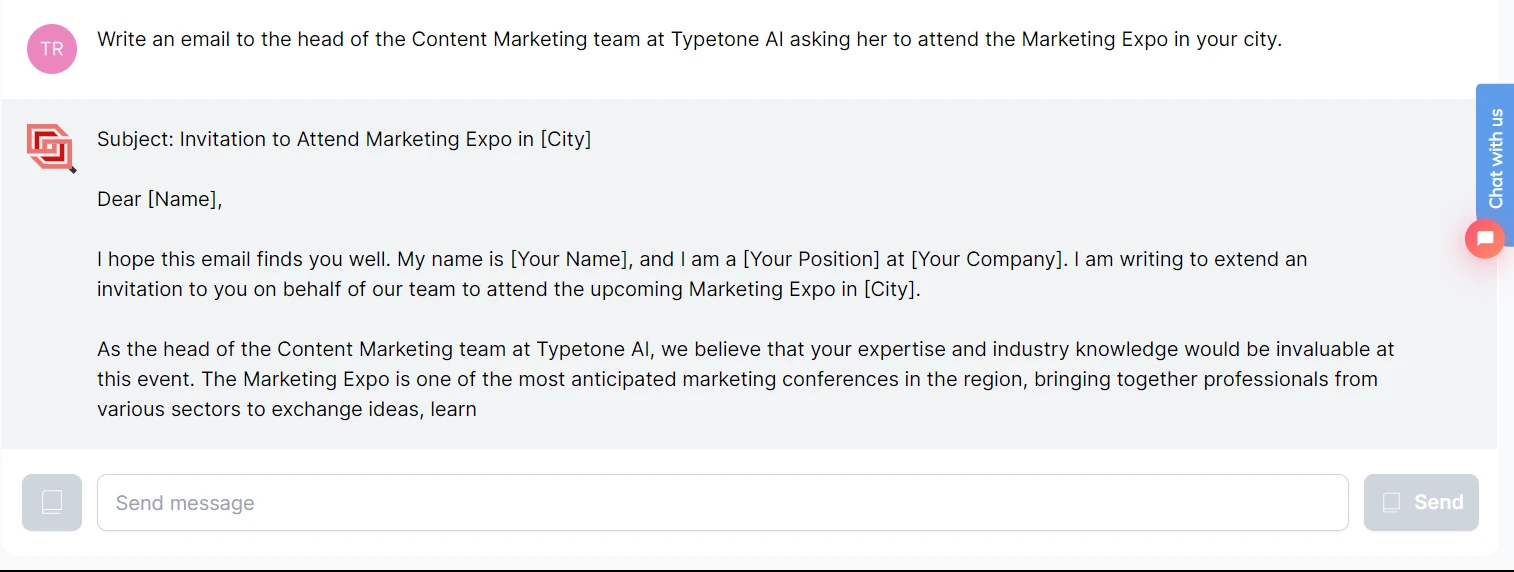 Prompting in de Typetone-chat om een e-mail te genereren
